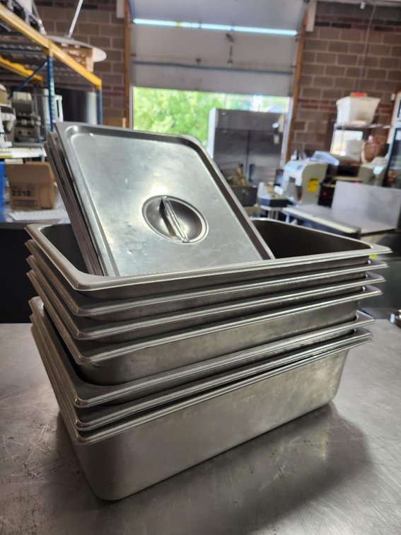 Lot of 7, Full-Size Steam Pans w/ 3 Lids