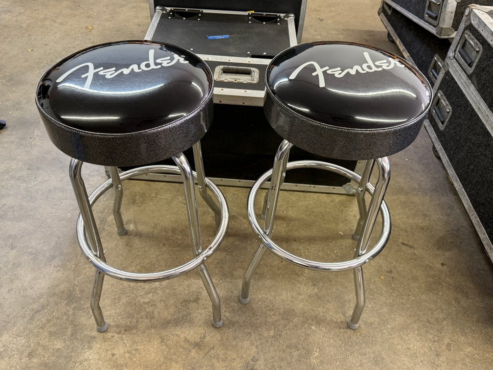 Lot of 2, Fender Chrome Swivel Bar Stools, Silver Sparkle w/ Spaghetti Logo w/ Foot Rest Rings