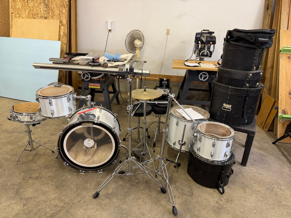 16-Piece Vintage Drum Set, Mainly Rogers Drums w/ TKO Head, Pacific Cymbals, Stool, Bags, Cases, Read Below for Info