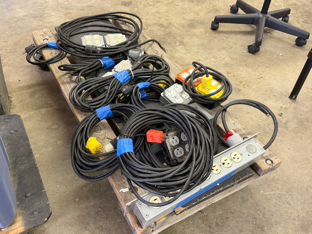 Group of 9 Heavy-Duty Powered Electrical Cords w/ Multi-Outlet Power Boxes Installed, All for One Bid