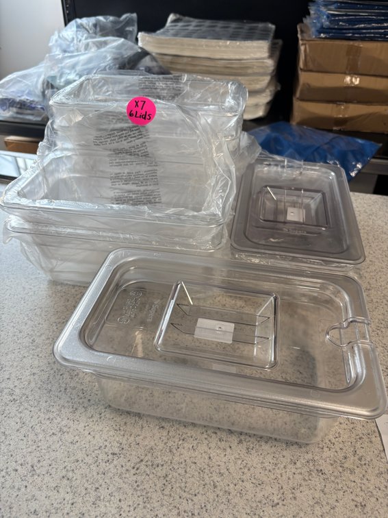 Lot of 6, 1/9 (Ninth) Cold Food Pans w/ Lids, Thunder Group, 4in D