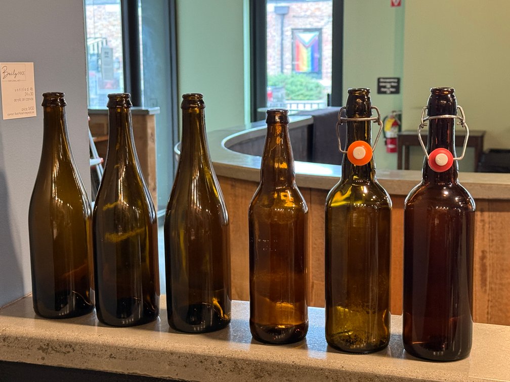 Six Amber Glass Bottles, 2 are Cod Bottles w/ Swing Top Lids
