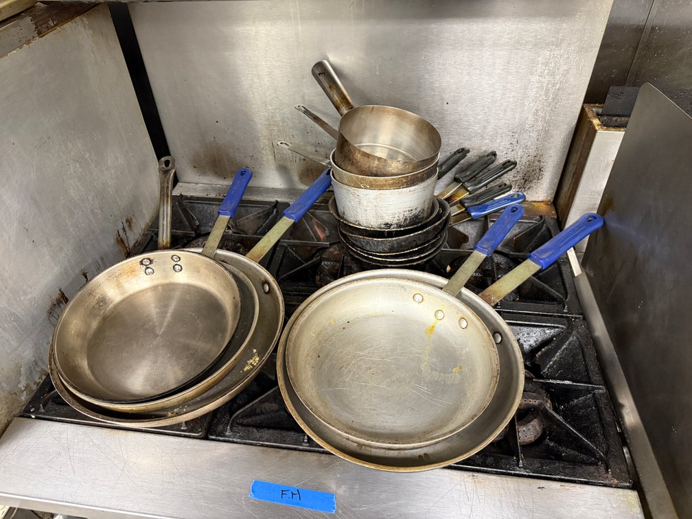 Group of Commercial Fry Pans and Sauce Pots