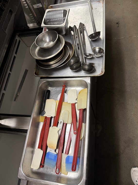 Group of Restaurant Supplies and Utensils, Spatulas, Ladles, Butter Roller, S.S. Pans & Bowls