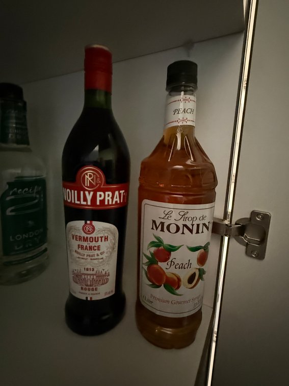Sealed Liter Bottles, Vermouth and Peach Syrup, All for One Bid