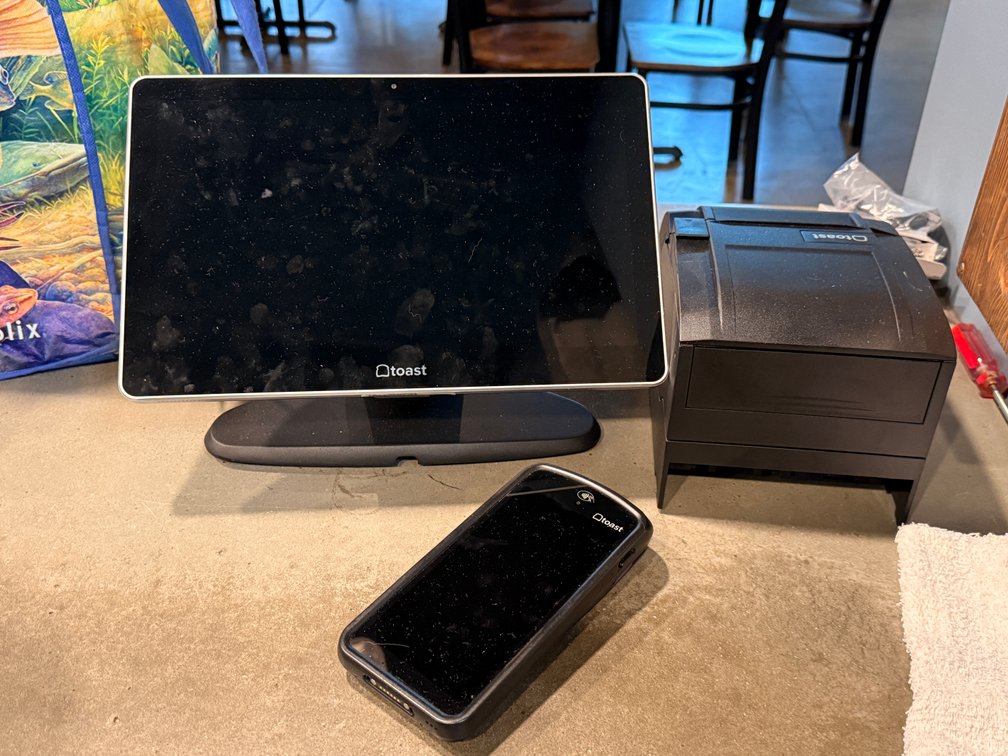Toast POS Components, Handheld Unit, 2 Printers, Main Unit, Credit Card Tap, Cash Drawer