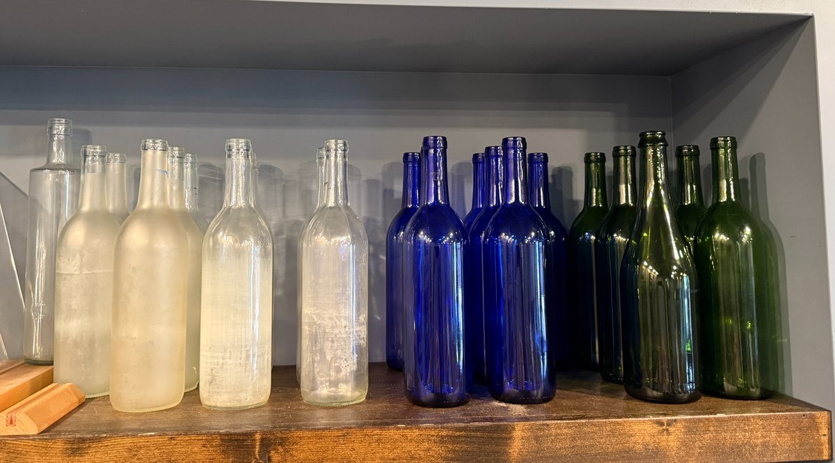 Lot of 25 Glass Bottles, Green, Blue, Clear and Clear Frosted, w/ Some Table Top Menus