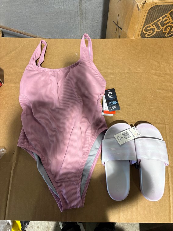 Lot of 2 Speedo One Piece Swimsuit Size 10 & Adidas Adilette Comfort Slippers Size 6
