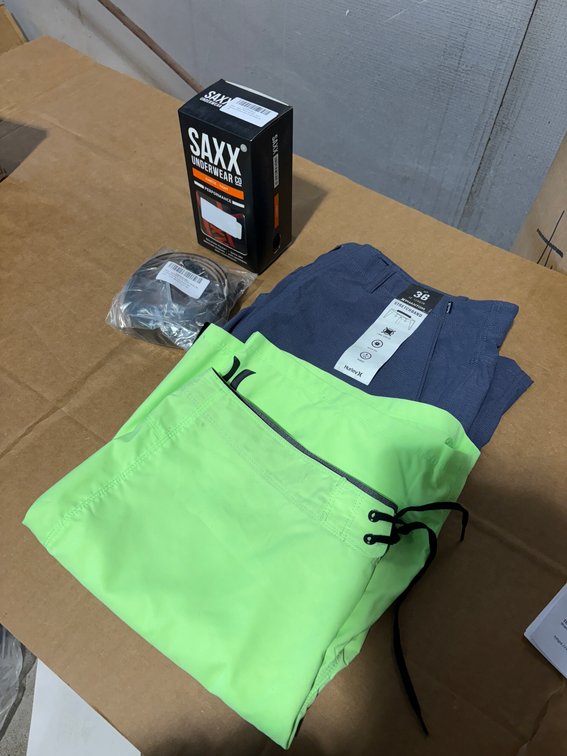 Lot of 4 SAXX Kinetic Tight Boxers, Kenneth Cole Men's Belt, Hurley Swim Shorts & 18" Length Shorts (Gray & Beige)