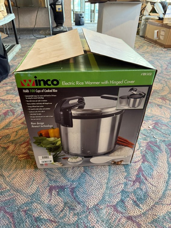 NIB Winco 100 Cup Electric Rice Warmer w/ Hinged Cover