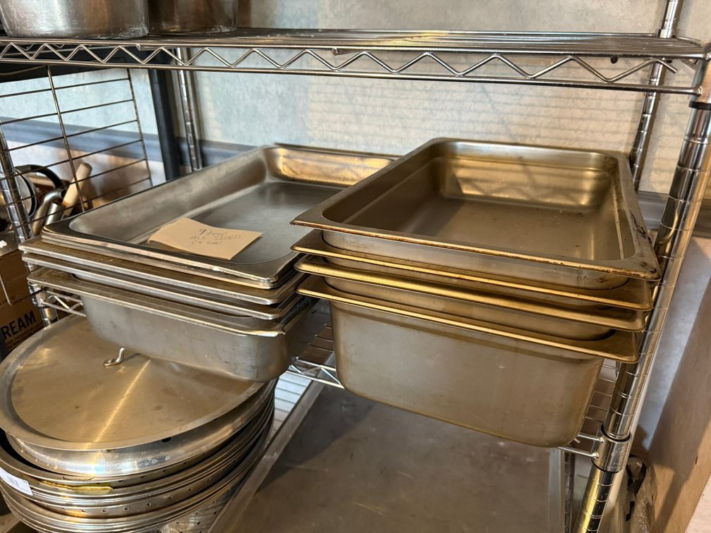 Lot of 9 Stainless Steel Full Size Steam Pans - Assorted Sizes, 4 Lids Included