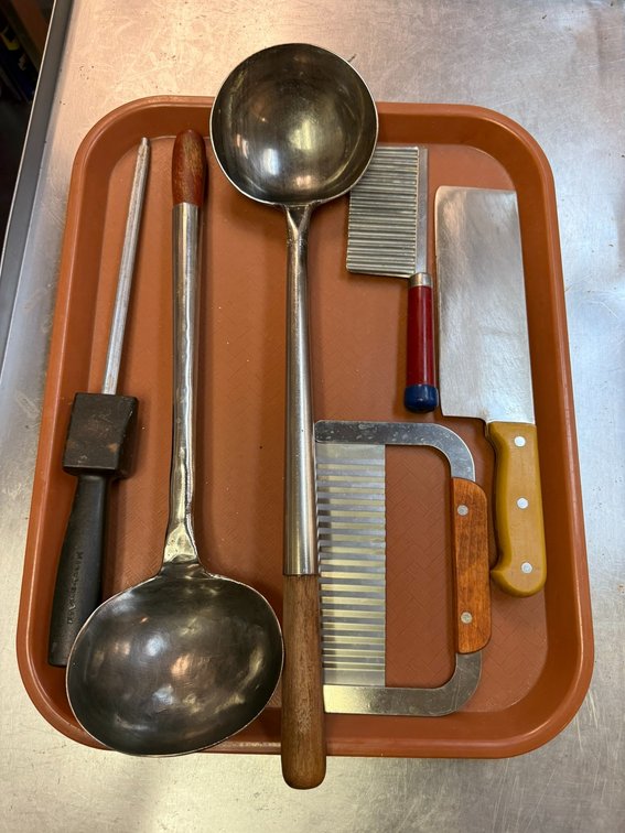 Lot of 6 Ladles, Knife, Crinkle Cutters & Sharpener