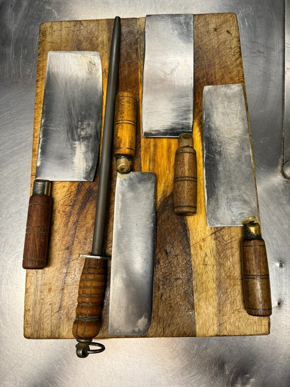 Lot of 5 Japanese Cleavers & Sharpener
