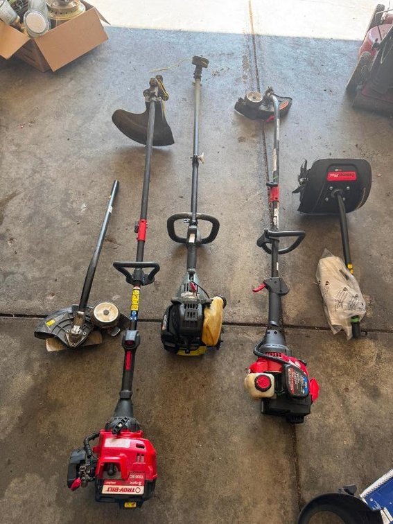 Three Gas Powered Garden Tools / String Trimmers, w/ Edger and Tiller Attachments, Troy-Bilt
