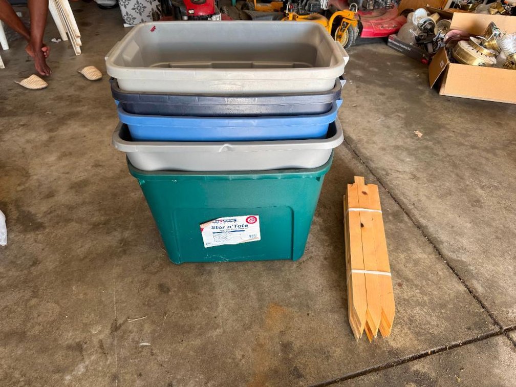 Group of Totes w/ Wood Garden Stakes