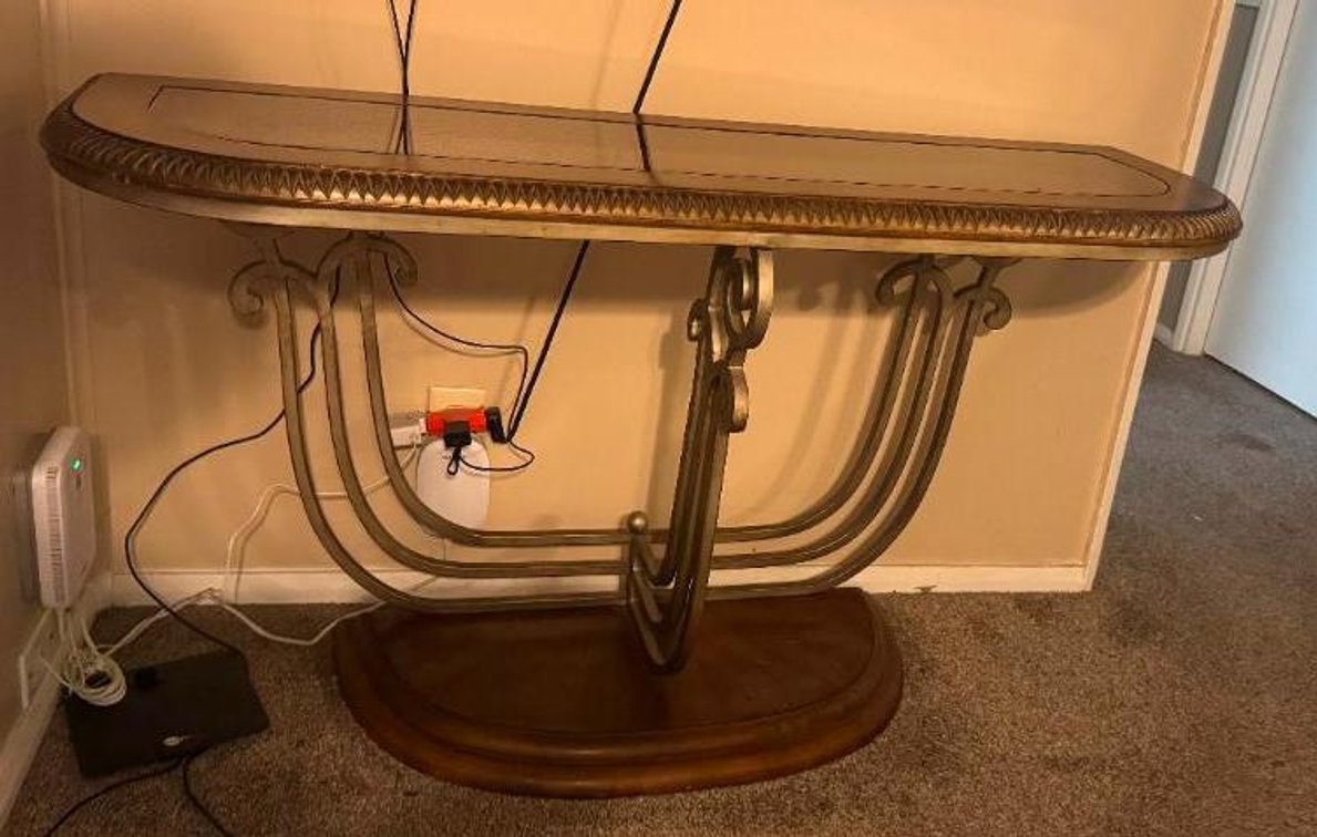 Glass Top Sofa Table, Ornate Base and Details, 51in Wide, 18in D, x 28in H