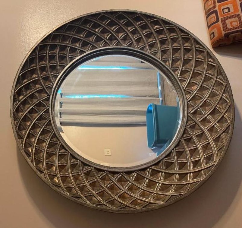 Ornate Framed Wall-Mount Circular Mirror w/  Woven Design Frame, 47in Dia.