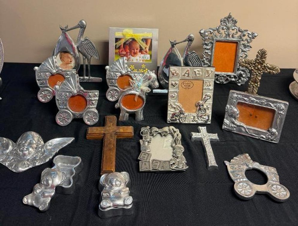 Assortment of Pewter Picture Frames, Crosses, Lidded Containers, Ann Kary Collection, Made in Mexico