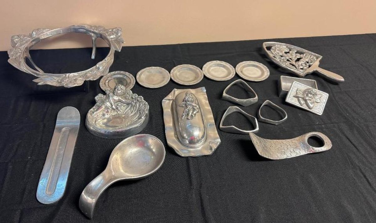 Group of Pewter Collectibles, Napkin Rings, Spoon Rests, Incense Holders, Trays, Containers, Misc.
