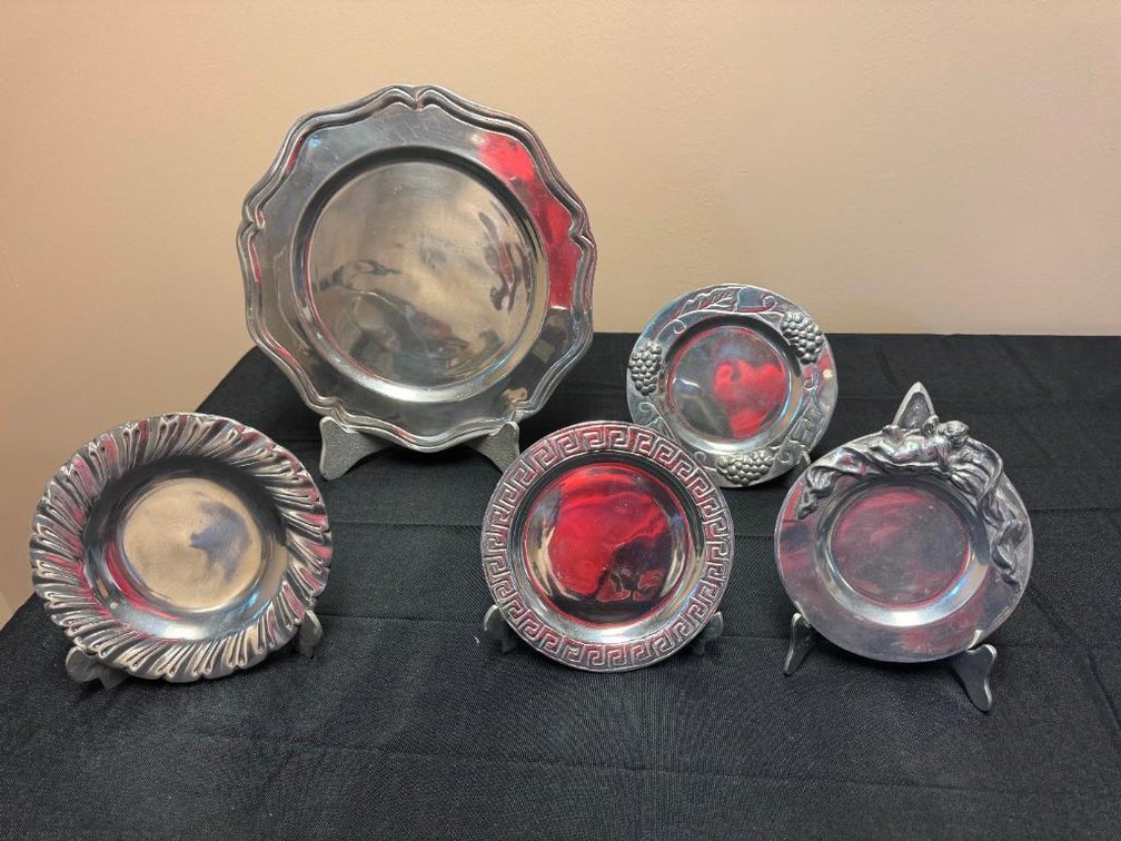 Lot of 5 Pewter Hacienda Real Mexican Trays or Plates / Chargers