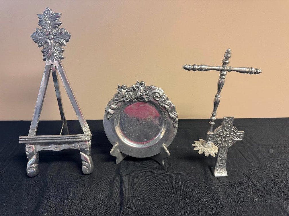 Lot of 4, Pewter Collectibles, Two Crosses, Plate w/ Stand and Decorative Stand
