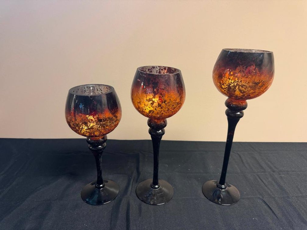 Set of Three Matching Amber Wine Glass Candle Holders