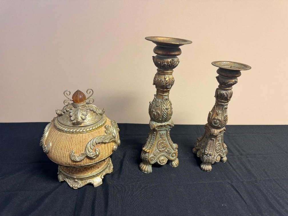 Two Ornate Candle Holders and Urn