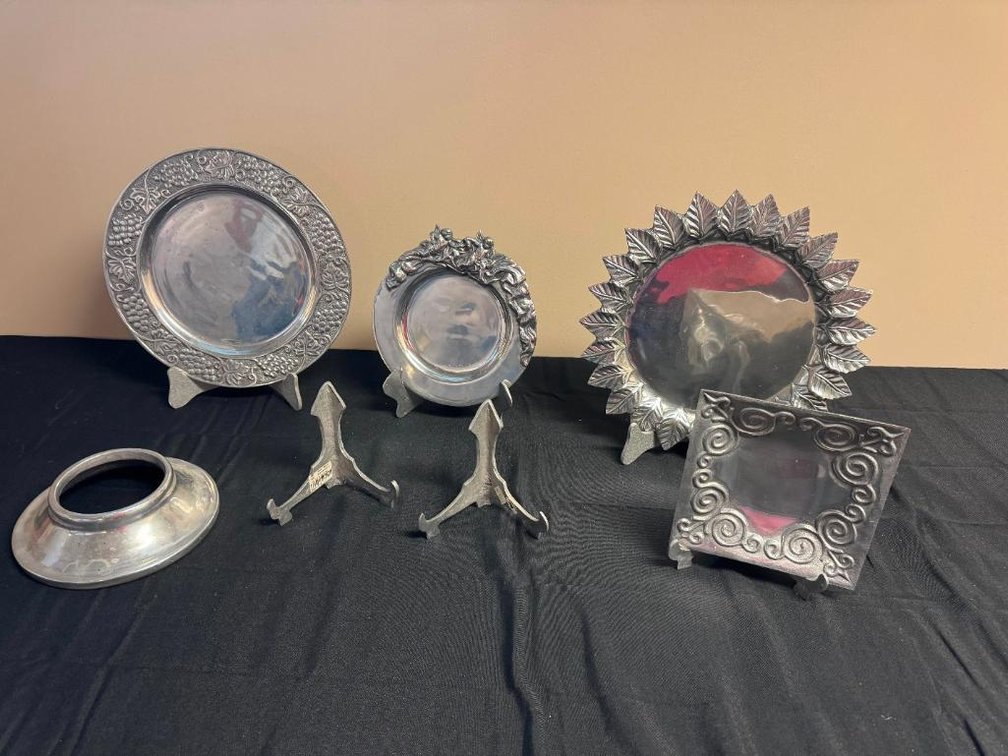 Group of Pewter Plates, Stands, Containers
