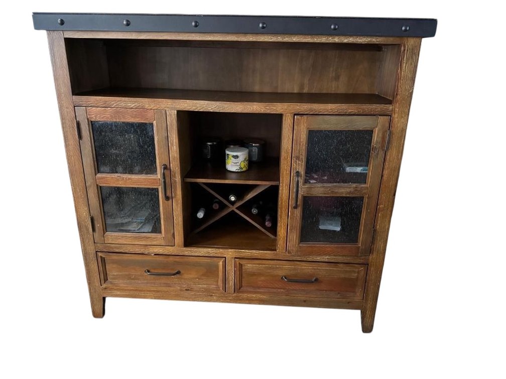 Industrial Barnwood Style Media Cabinet, Two Drawers, Two Doors, Wine Storage, Media Storage & Counter