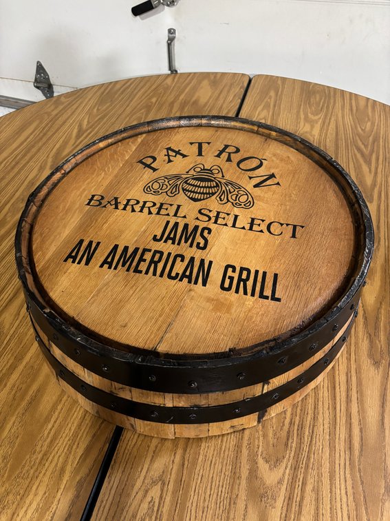 Patron Barrel Sign Displayed at Jams 23" x 6 1/2"