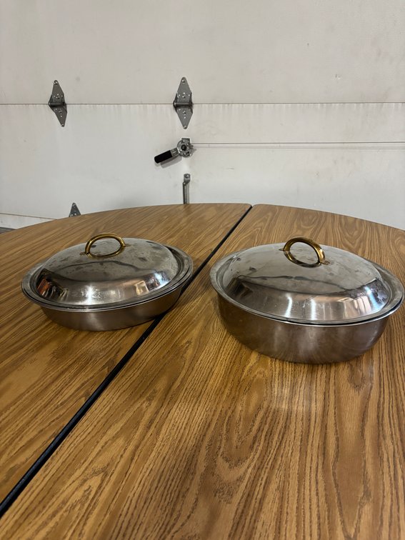 Lot of 2 Stainless Steel Round Chafing Pans w/ Lids