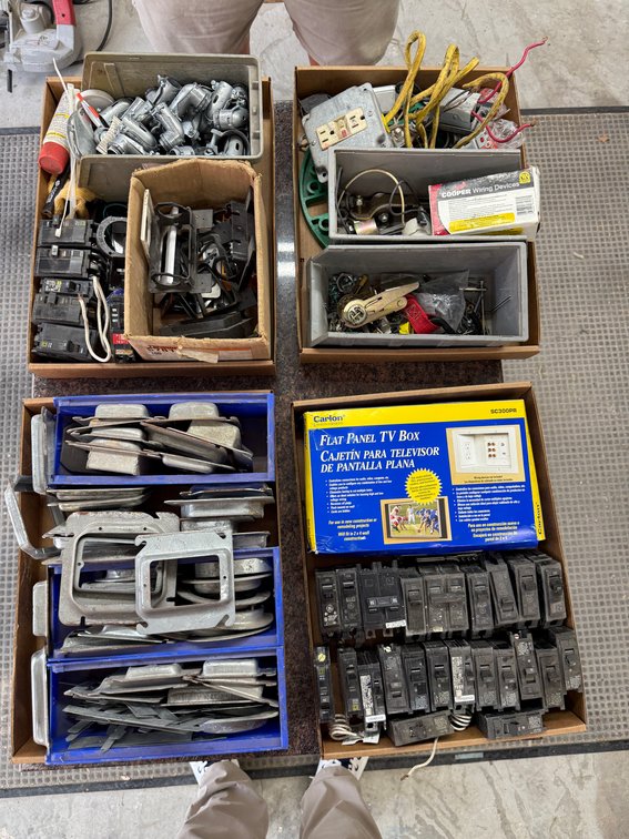Four Boxes of Electrical Supply & Hardware; Circuit Breakers, Connector & Mores and Couplers, Hardware, Galvanized Plates, TV Box