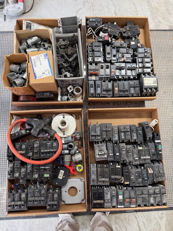 Four Boxes of Electrical Supply & Hardware; 3 Boxes Circuit Breakers, Flex & Combo Clips, Couplers, Cord