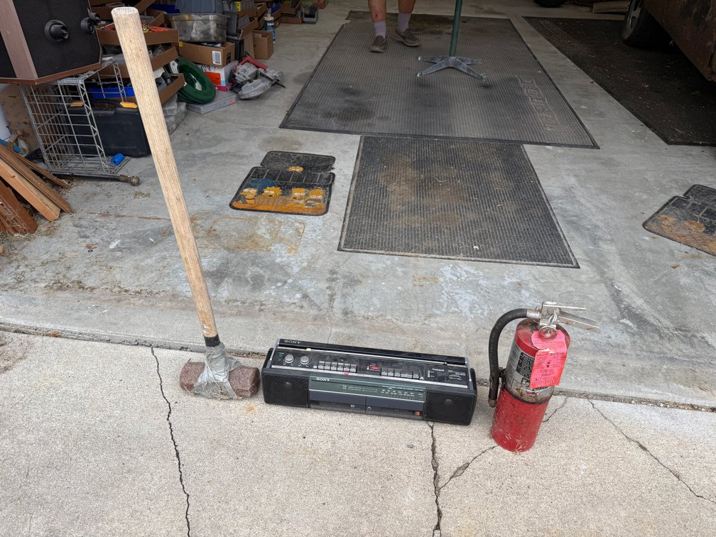 Fire Extinguisher, Sledge Hammer (Cracked Handle), Sony Dual Cassette, AM/FM Radio Boombox
