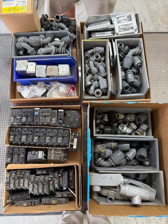 Four Boxes of Electrical Supply & Hardware; Circuit Breakers, Conduit, Sealtite Connectors, Handy Boxes