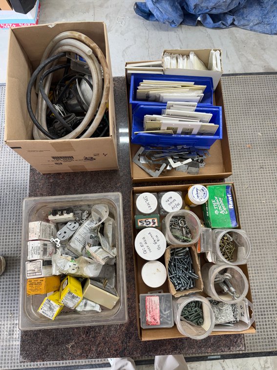 Four Boxes of Electrical Supply & Hardware; Hardware, Electrical Outlets, Switch Plates, Tubing, Light