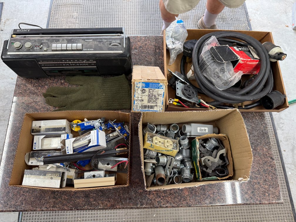 Sony Boombox, 3 Boxes of Electrical Supply & Hardware; Appliances Pigtails, Switches, Conduit Parts, Shaded Pole
