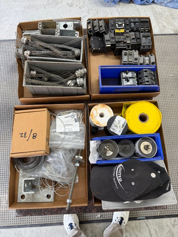 Four Boxes of Electrical Supply & Hardware; Kellum's Grips, Cord Restraint, Hat, Hardware, Caution Tape, Circuit Breakers