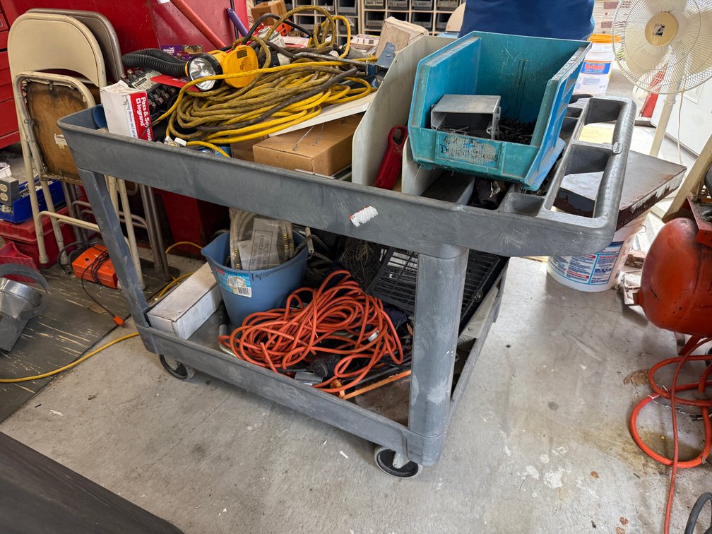 HD Rubbermaid Supply Cart w/ Large Group of Supply and Repair Parts,  As-Is Grinder, Hardware & More