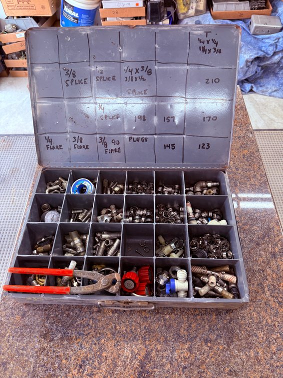 Metal Hardware Supply Box w/ Large Group of Fittings, Plugs, Flare, Splices, Etc., Cutters, See Images