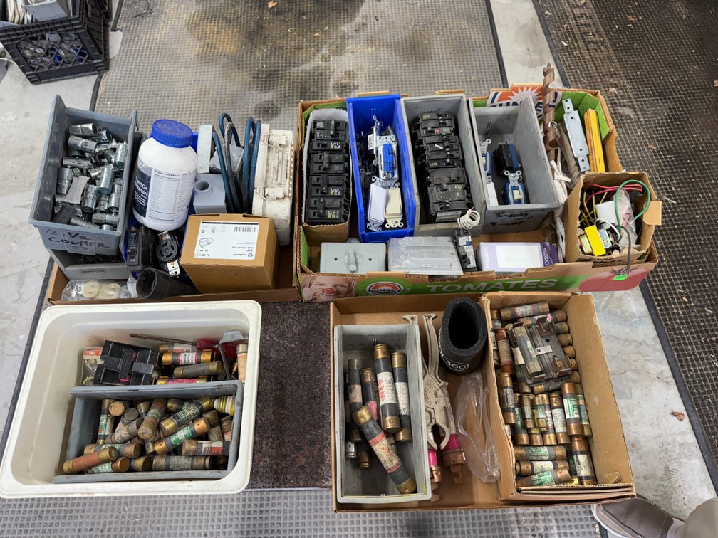 Four Boxes of Electrical Supply & Hardware; Couplers, Fuses, Breakers, Bits, Timer, Outlet, Hardware