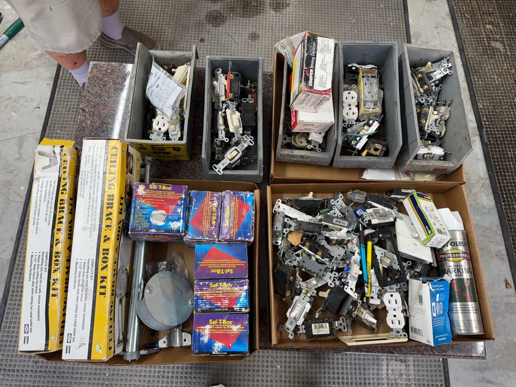 Large Group of Electrical Outlets and Switches, Saf-T-Boxes, Ceiling Brace & Box Kits