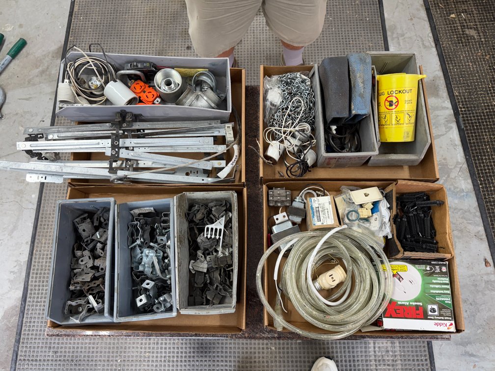Four Boxes of Electrical Supply & Hardware; LED Light Tubes, Smoke Detector, Chain, Lightbulb Receptacles, Clips