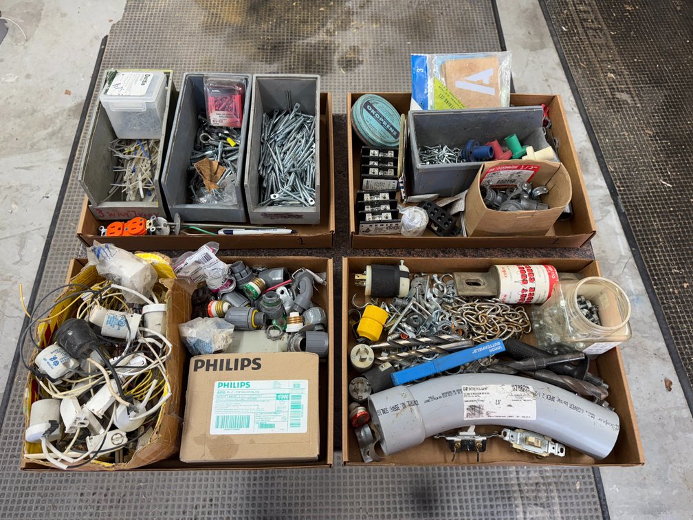 Four Boxes of Electrical Supply & Hardware; Outlets, Plugs, Switches, Connectors, Pins, Fuses, Conduit, Couplers