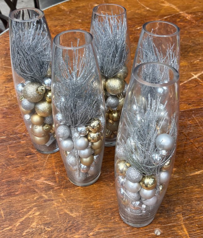 (5) Glass Vase Gold & Silver Centerpieces