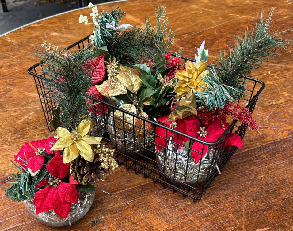 Wire Basket Full of Artificial Winter Foliage 