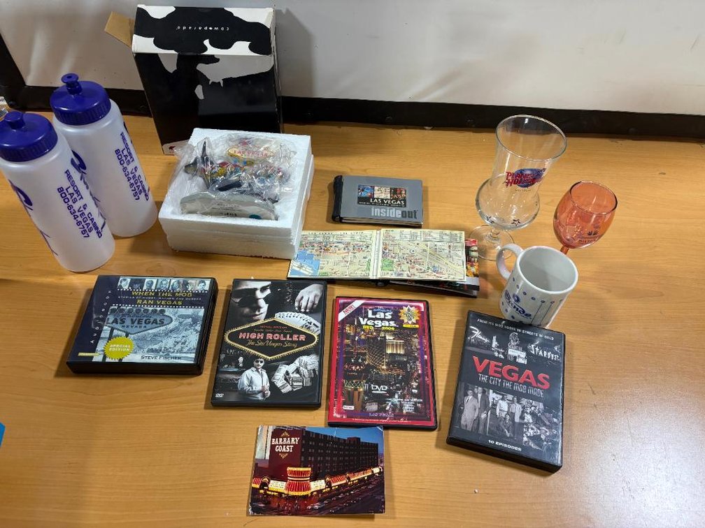 Group of Vintage Las Vegas Themed Collectibles, DVDs, Figurine, Glasses