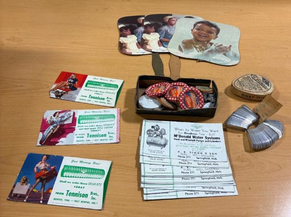 Vintage Collectibles, Pinup Girl Advertising, Funeral  Fans, Local Fliers Springfield, Nebr., Aluminum Tags, Milk Caps