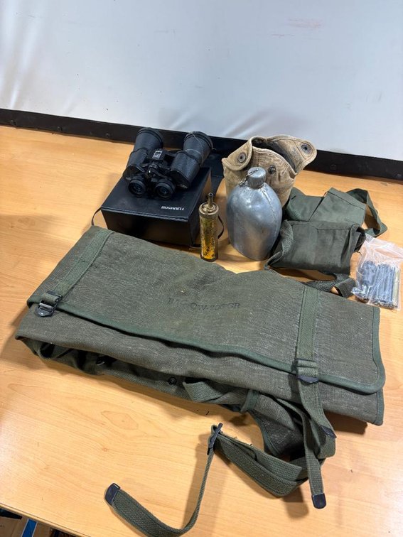 Vintage Military Army Gear and Bushnell Binoculars, Bag, Canteen, Pouch and More