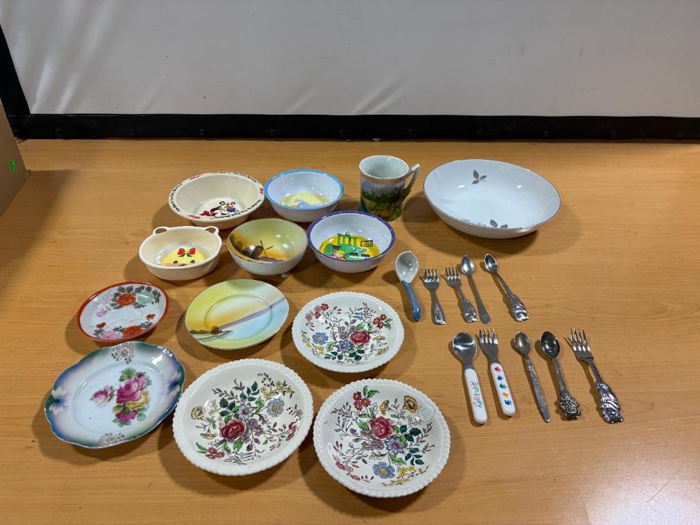 Vintage Hand Painted China, Children's Spoons and Forks, Mug, Cereal Bowls